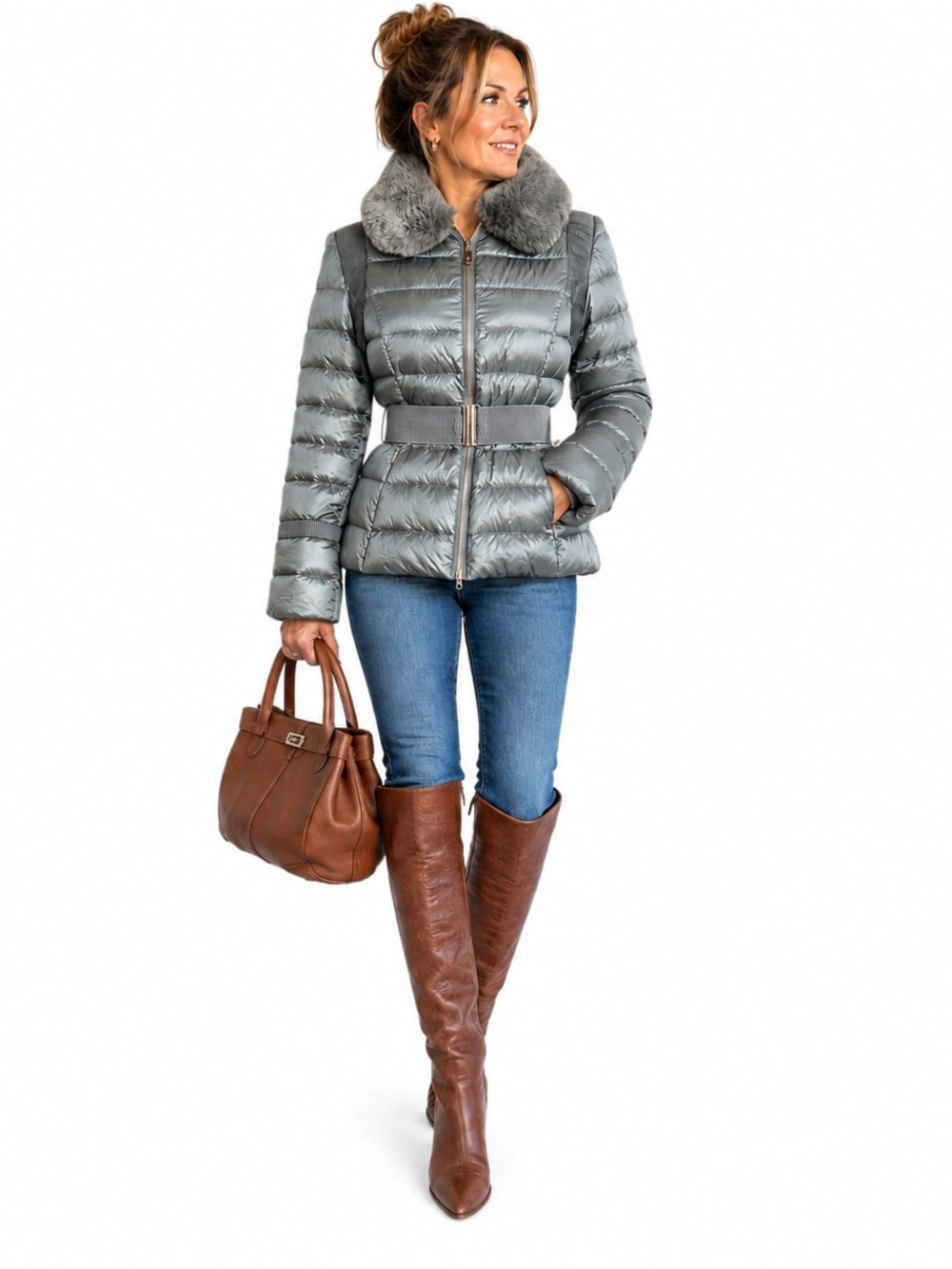 Ted Baker Yelta Grey Down Puffer Jacket Faux Fur Belted Size 1 US 4 Small NWOT